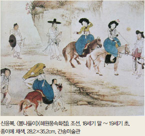 신윤복'봄나들이','혜원풍속화첩'조선, 18세기 말 ~ 19세기 초,종이에 채색, 28.2×35.2cm, 간송미술관