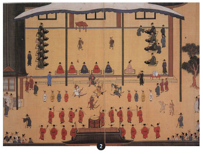 이미지 설명:'기사계첩','기사사연도'경현당에서 숙종이 내린 잔치에 참여한 후 기로소로<br /> 이동하여 마련한 2차 모임. 뜰에는 처용무 반주를 하는 장악원의 악대가 보인다. 대청의 중앙에는 숙종이 하사한 은배가 붉은 보자기에 쌓인 채 놓여져 있다 . 기로신 10명이 잔치의 주인공들이다.