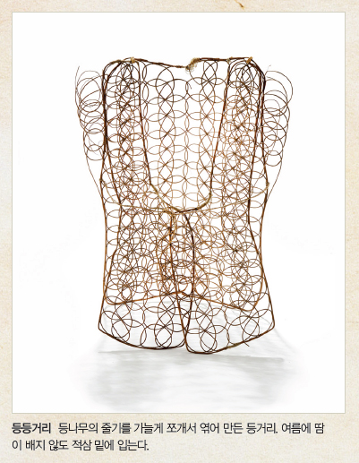 등등거리 등나무의 줄기를 가늘게 쪼개서 엮어 만든 등거리. 여름에 땀 이 배지 않도 적삼 밑에 입는다.