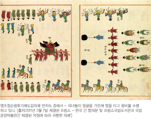 영조정순왕후가례도감의궤 반차도 중에서 - 의녀들이 얼굴을 가린채 말을 타고 왕비를 수행 하고 있다. [출처:2011년 2월 7일 체결된 프랑스 - 한국 간 합의문 및 프랑스국립도서관과 국립 중앙박물관간 체결된 약정에 따라 귀환한 의궤