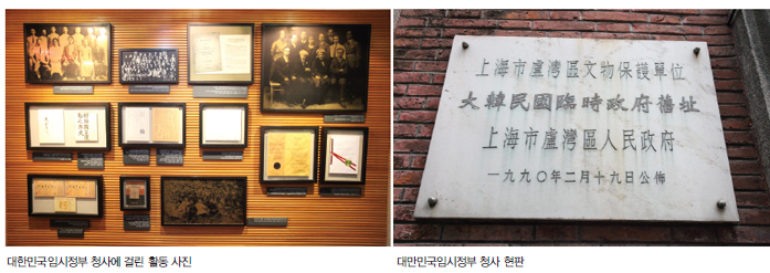 사진1.대한민국임시정부 청사에 걸린 활동 사진, 사진2.대만민국임시정부 청사 현판