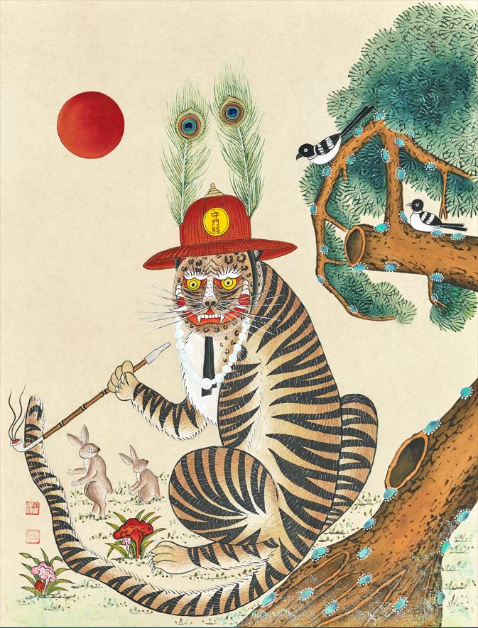 정귀자 서울시 무형문화재 민화장의 수문장 모자를 쓴 호랑이 민화