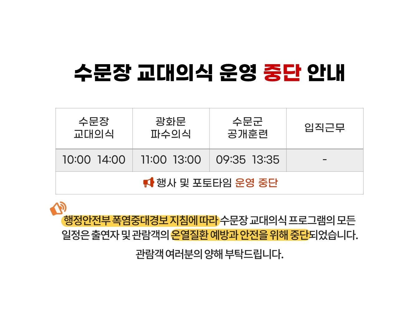 수문장 교대의식 중단안내